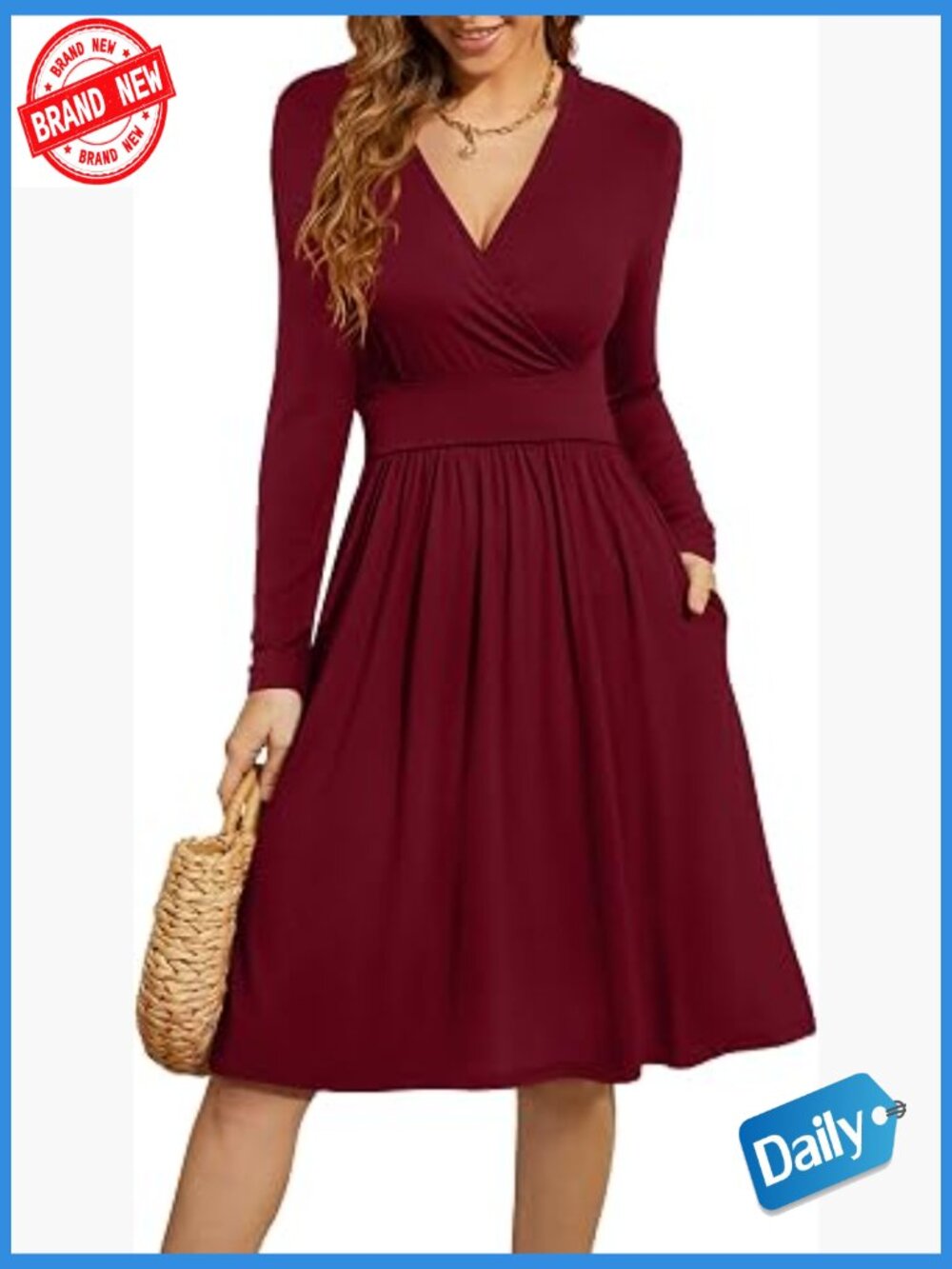 Long sleeve wrap v-neck semi formal dress with pockets